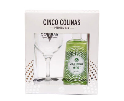 Estuche Gin Cinco Colinas Melón 0.7L con copa. Pack regalo disponible en Licoteca Fuenlabrada