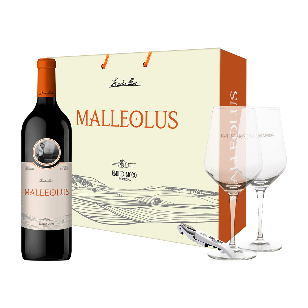 Estuche Vino Malleolus 1 botella+2 copas+sacacorchos