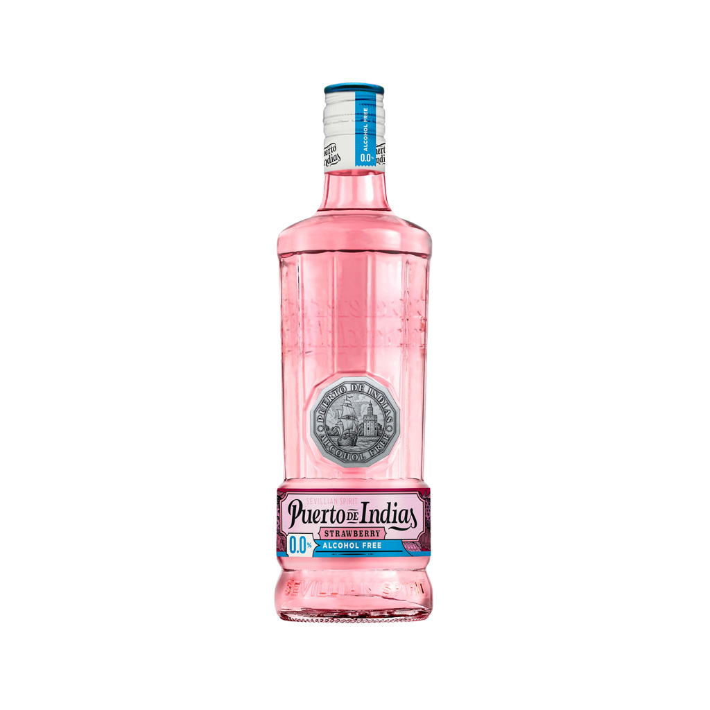 Botella de Puerto de Indias Fresa 0.0 de 0.7L, bebida sin alcohol con sabor a fresa.